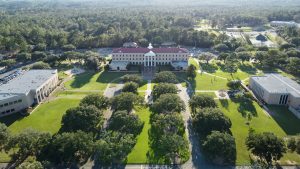 drone shot of campus