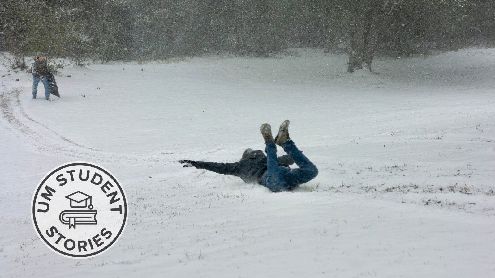 sliding down snowy hill